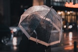 A person holding an open compact umbrella on a rainy city street.