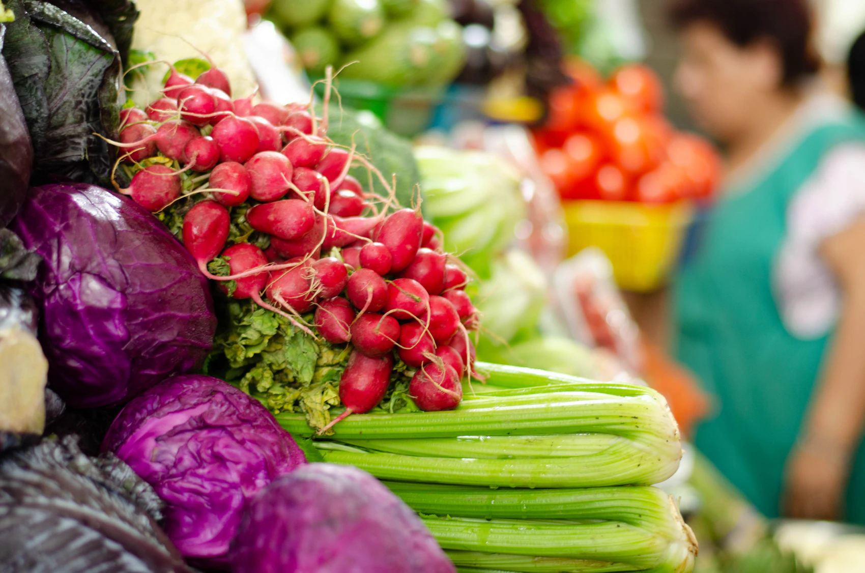 Colourful vegetables arranged at a market in Lima