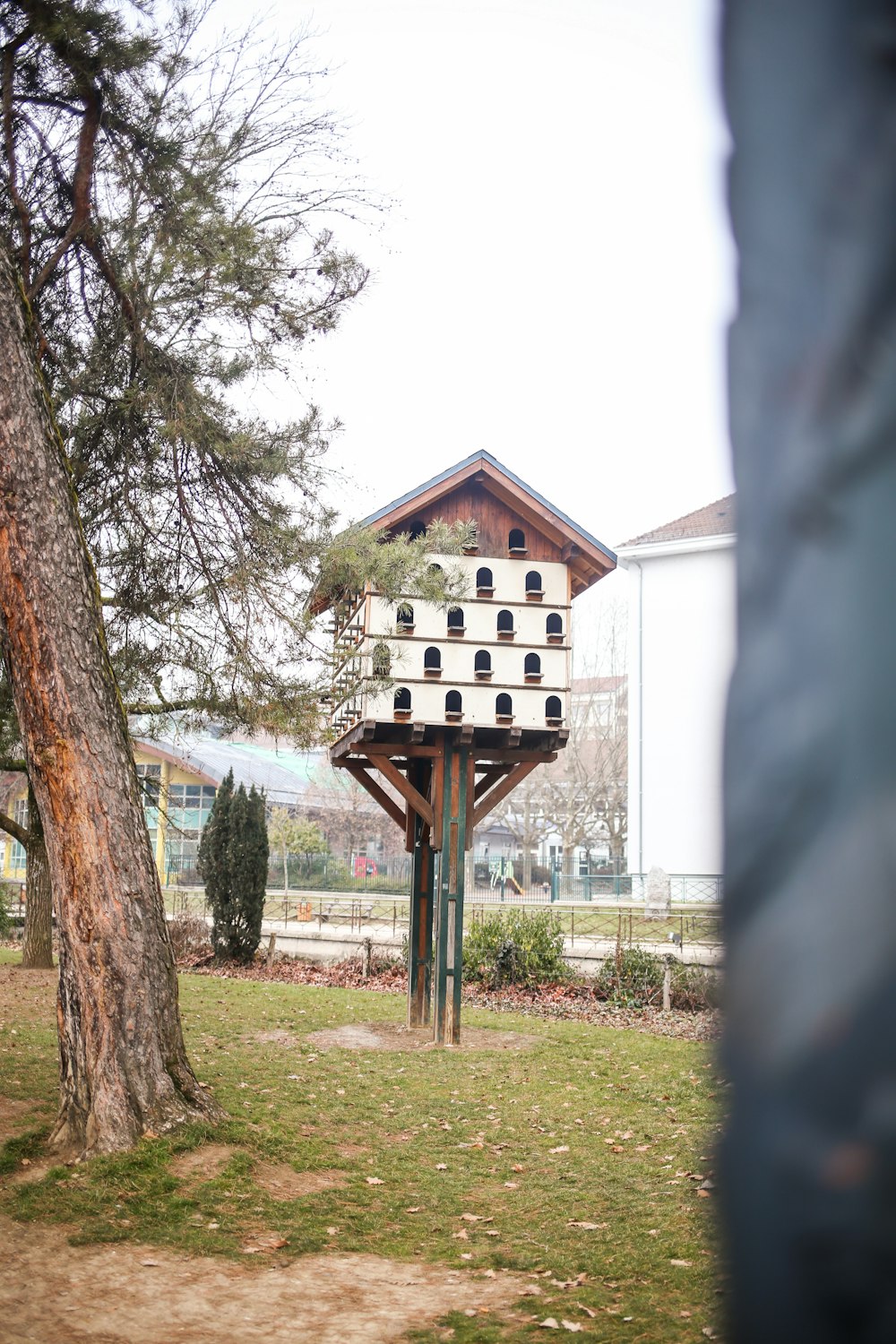 a bird house in the middle of a park