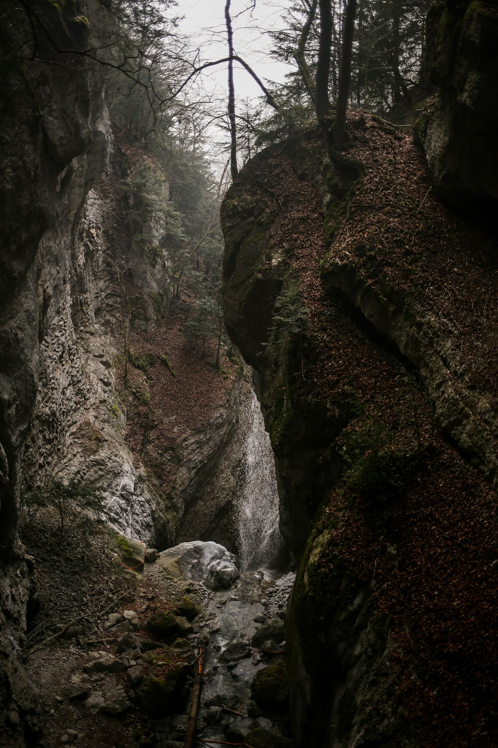 a small stream running between two large rocks