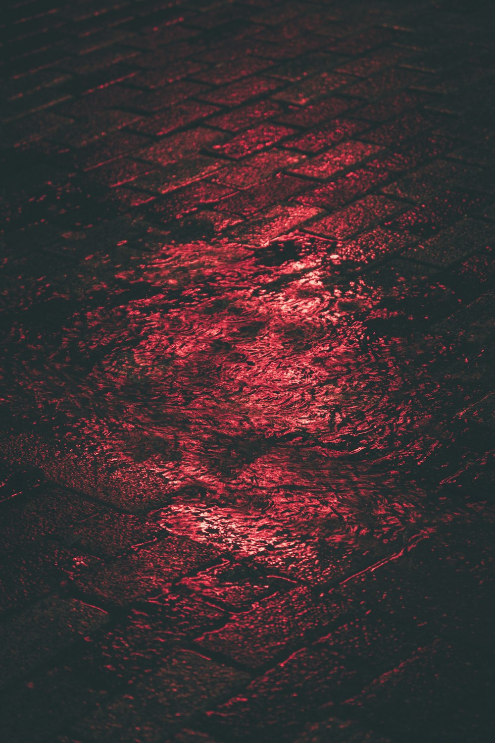 a red light reflecting off of a puddle of water