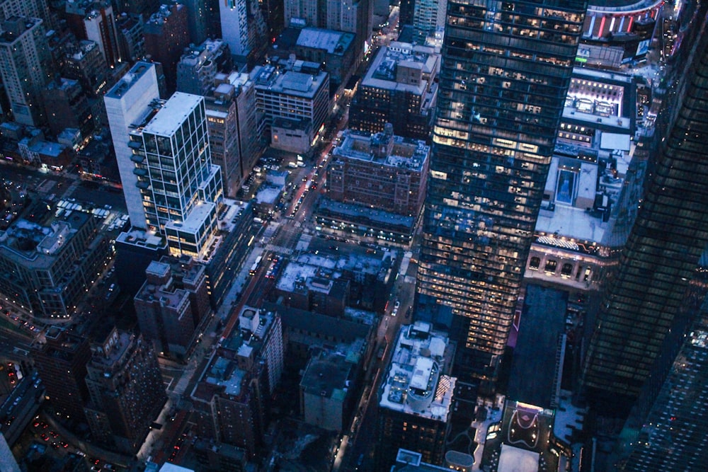 an aerial view of a city at night