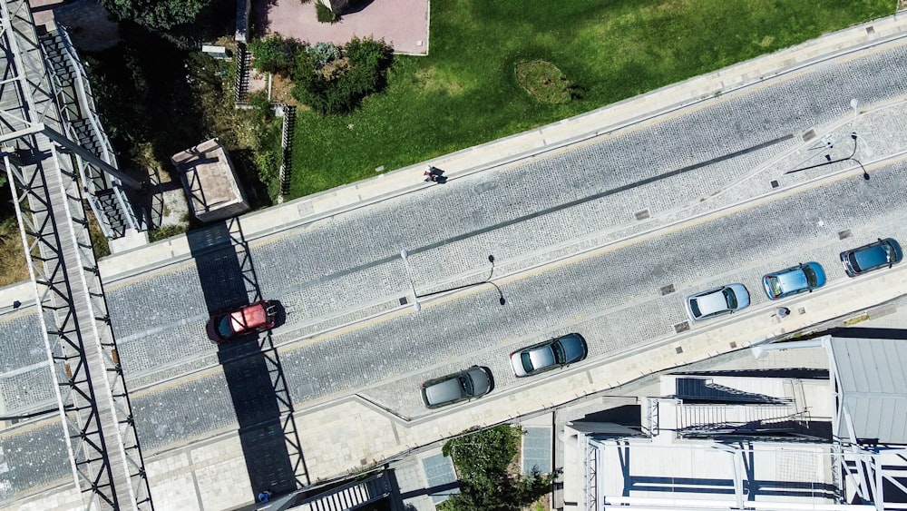 an aerial view of a street and a bridge