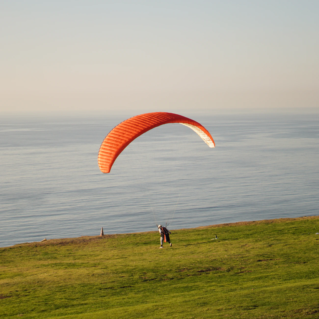 Bright orange paraglider over a green coastal field and ocean
