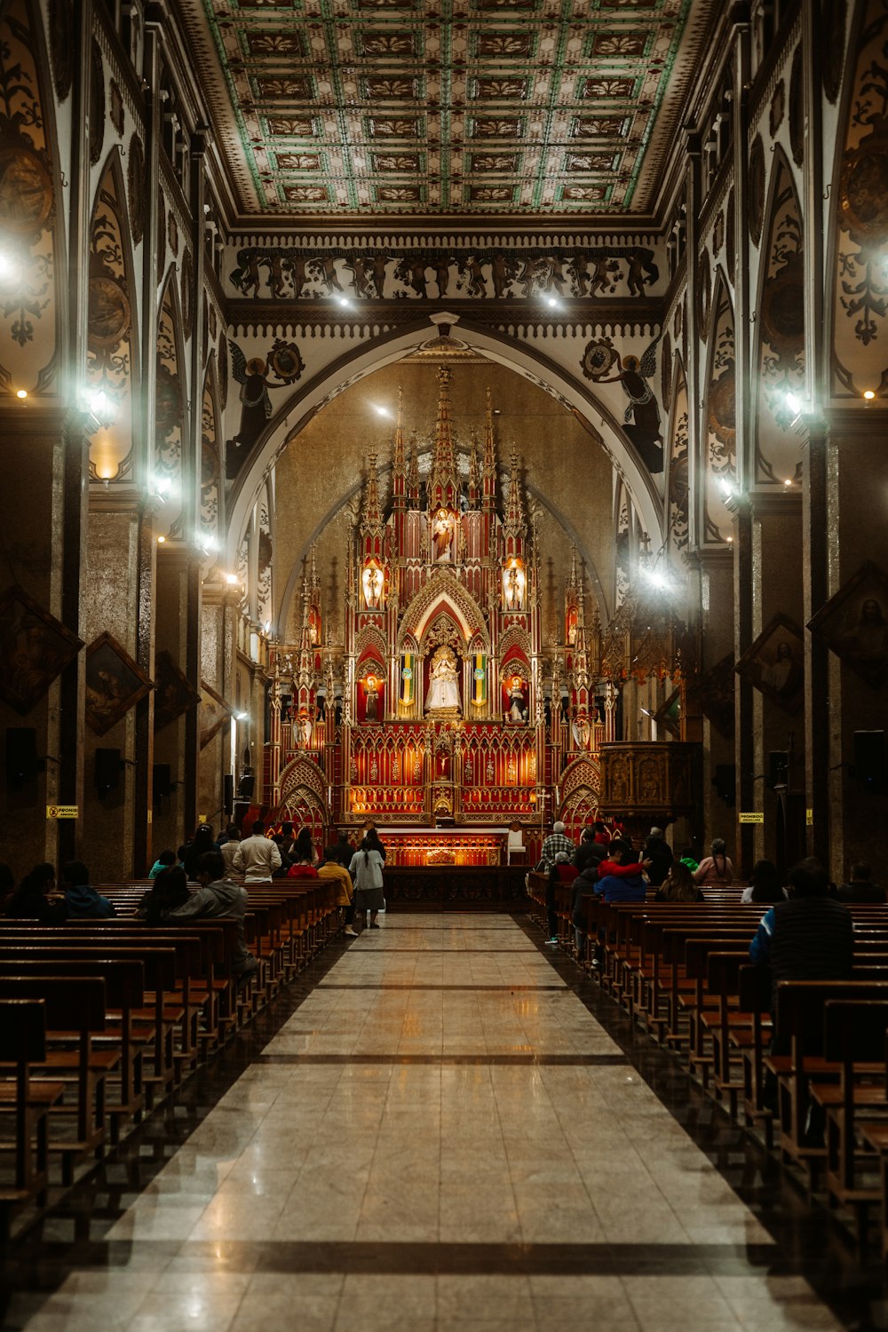 a church with a long row of pews