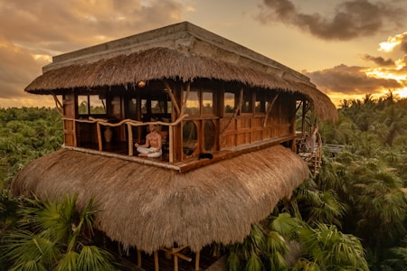 A rustic, thatched-roof treehouse is nestled among tropical greenery at sunset. It has a wooden structure with open sides, giving it a natural and harmonious appearance. A person is meditating on the balcony, adding a serene and peaceful element to the scene. Another person is seen standing on a platform, observing the surroundings.
