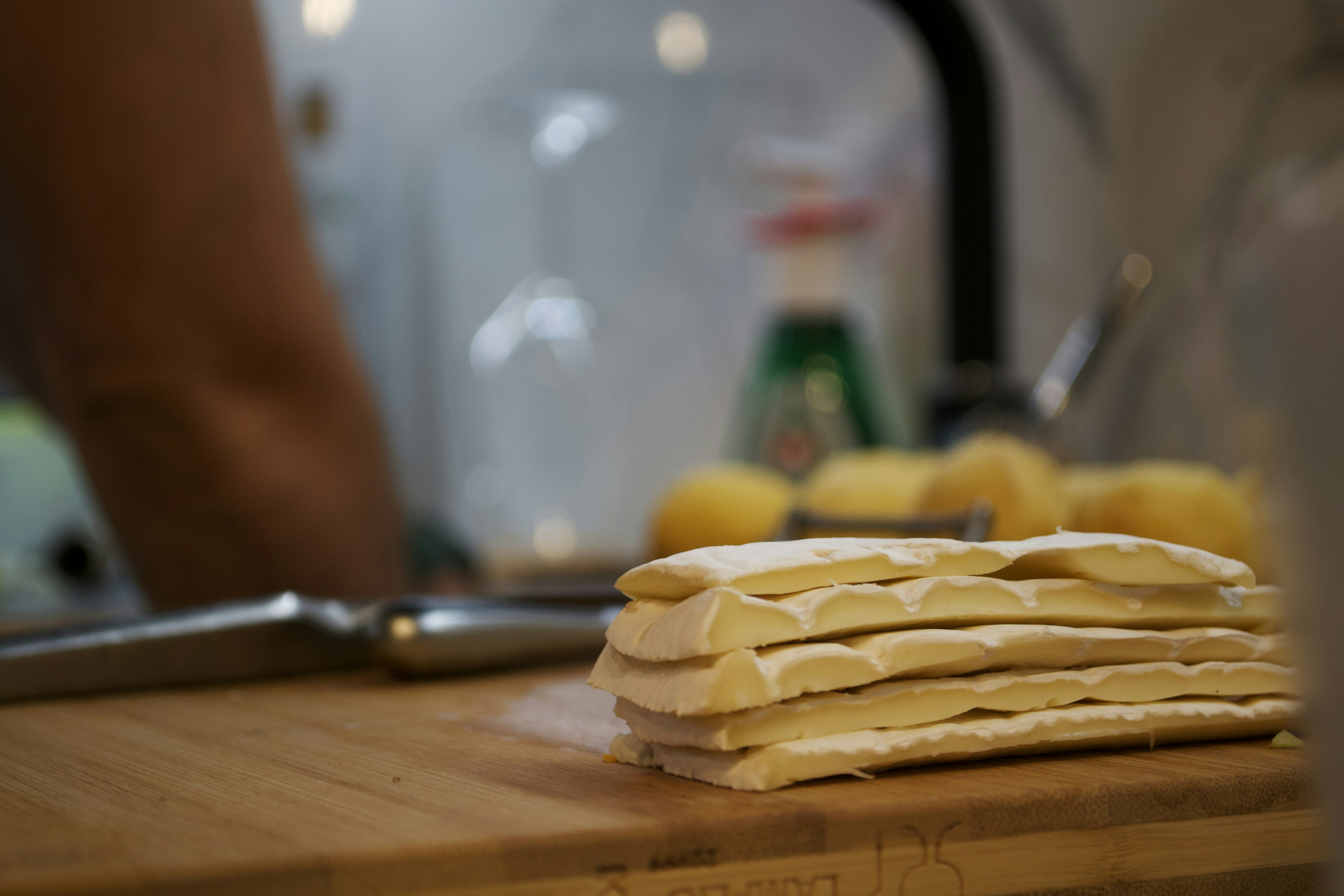 a close up of a cutting board with food on it