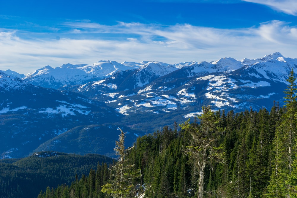 a mountain range with snow covered mountains in the distance