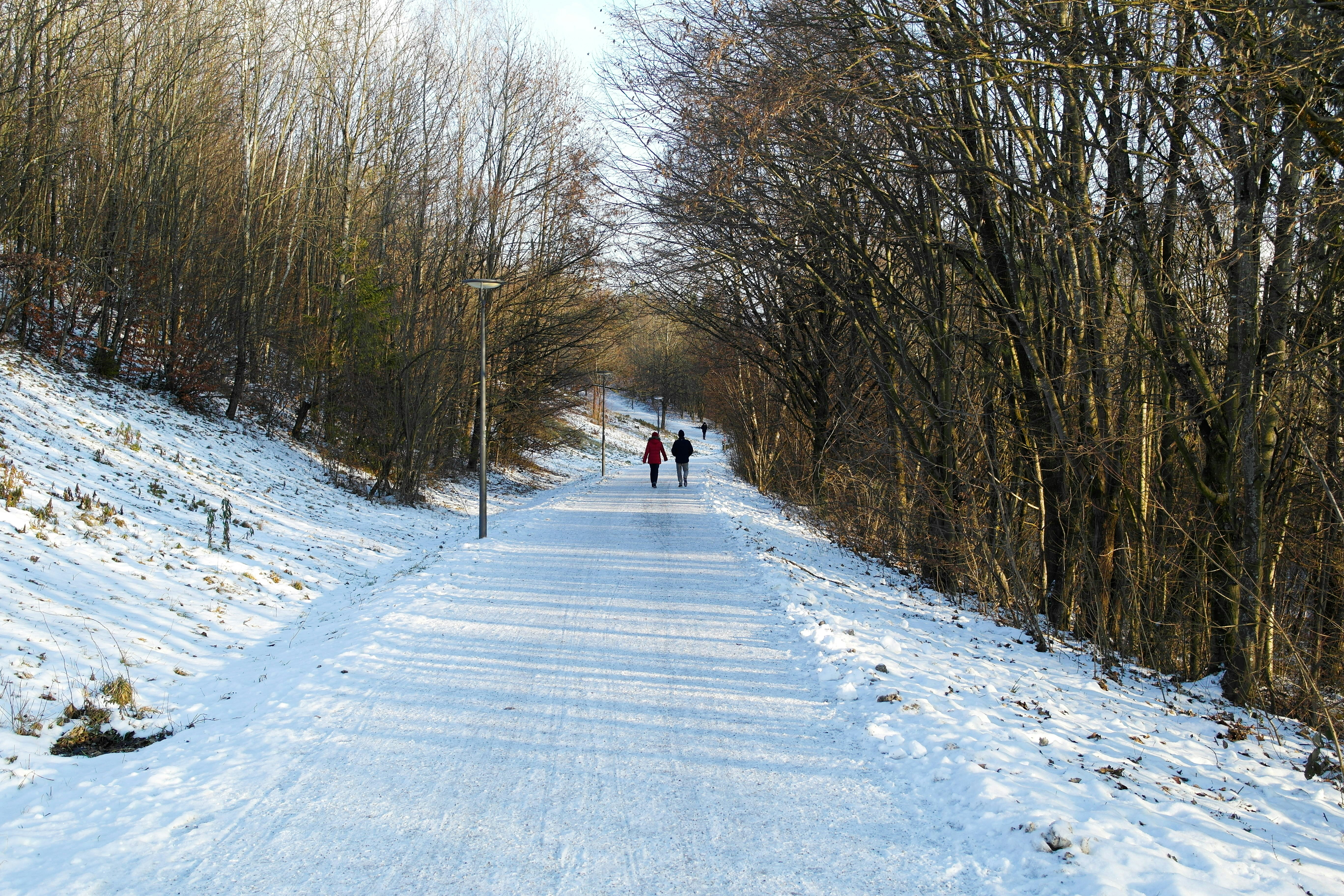 a couple of people walking down a snow covered road