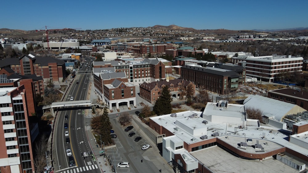 an aerial view of a city street and buildings