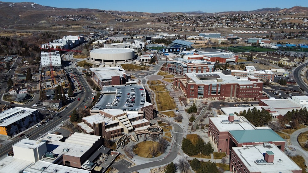 an aerial view of a city with a lot of buildings