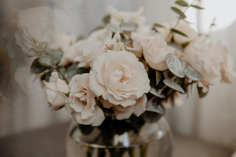 a vase filled with white flowers on top of a table