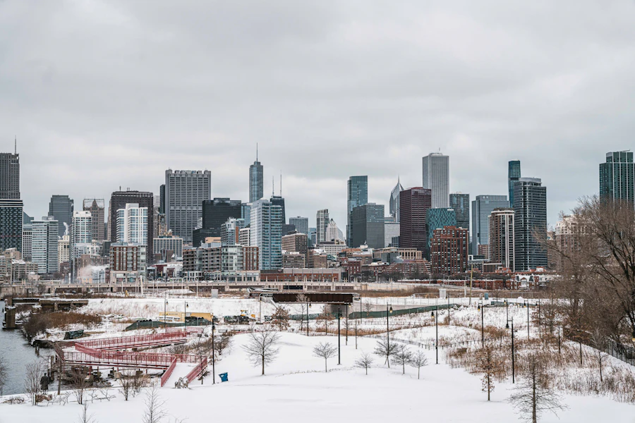 Chicago river and skyline under winter snow
