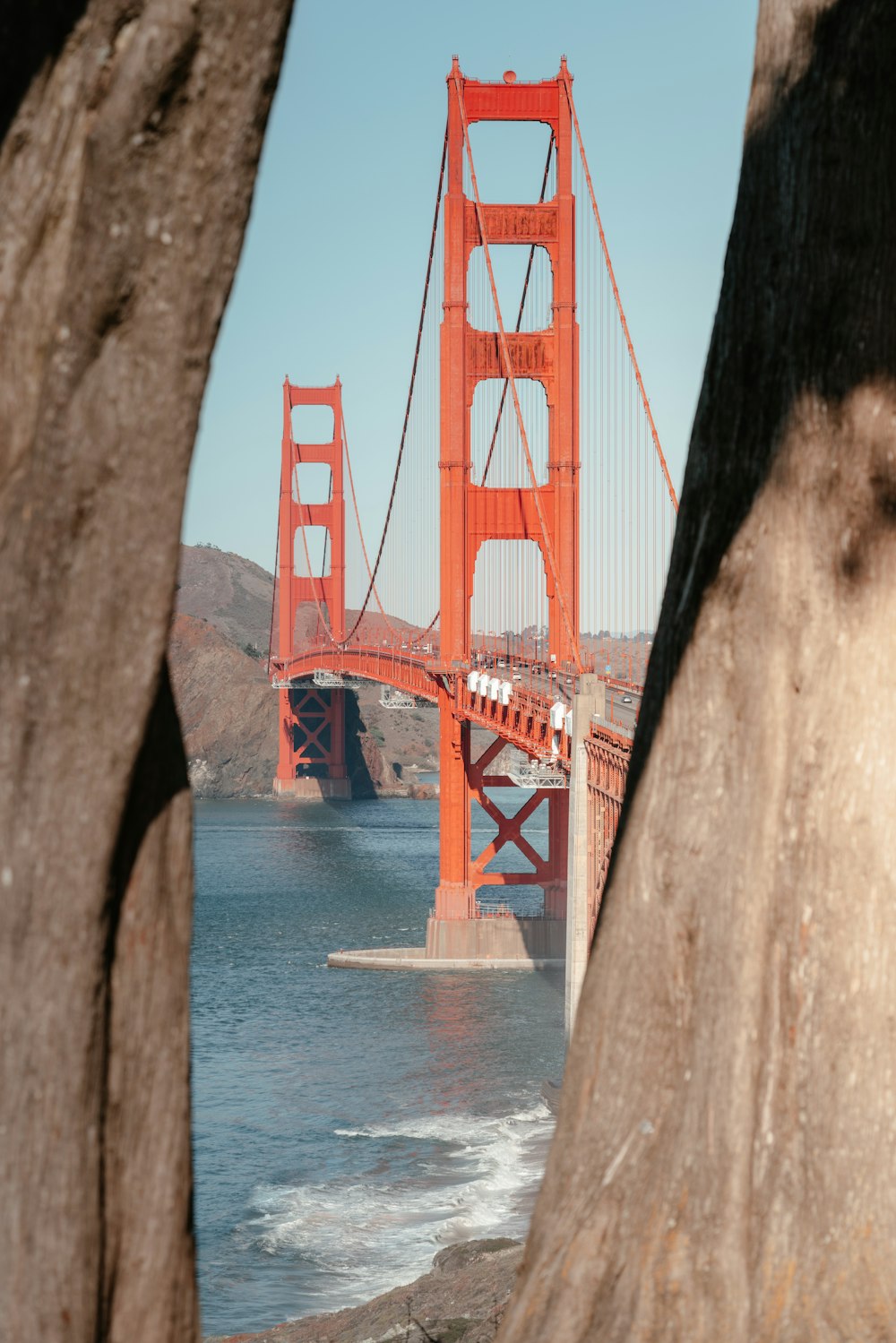 a view of the golden gate bridge through some trees