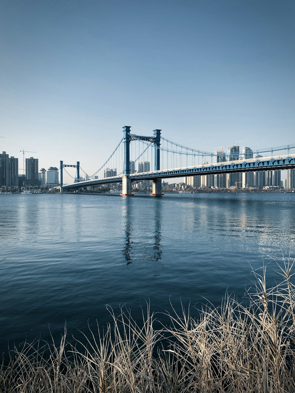 a bridge over a body of water with tall buildings in the background