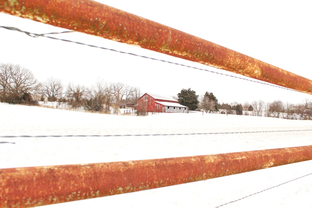 a red barn in the distance behind a fence