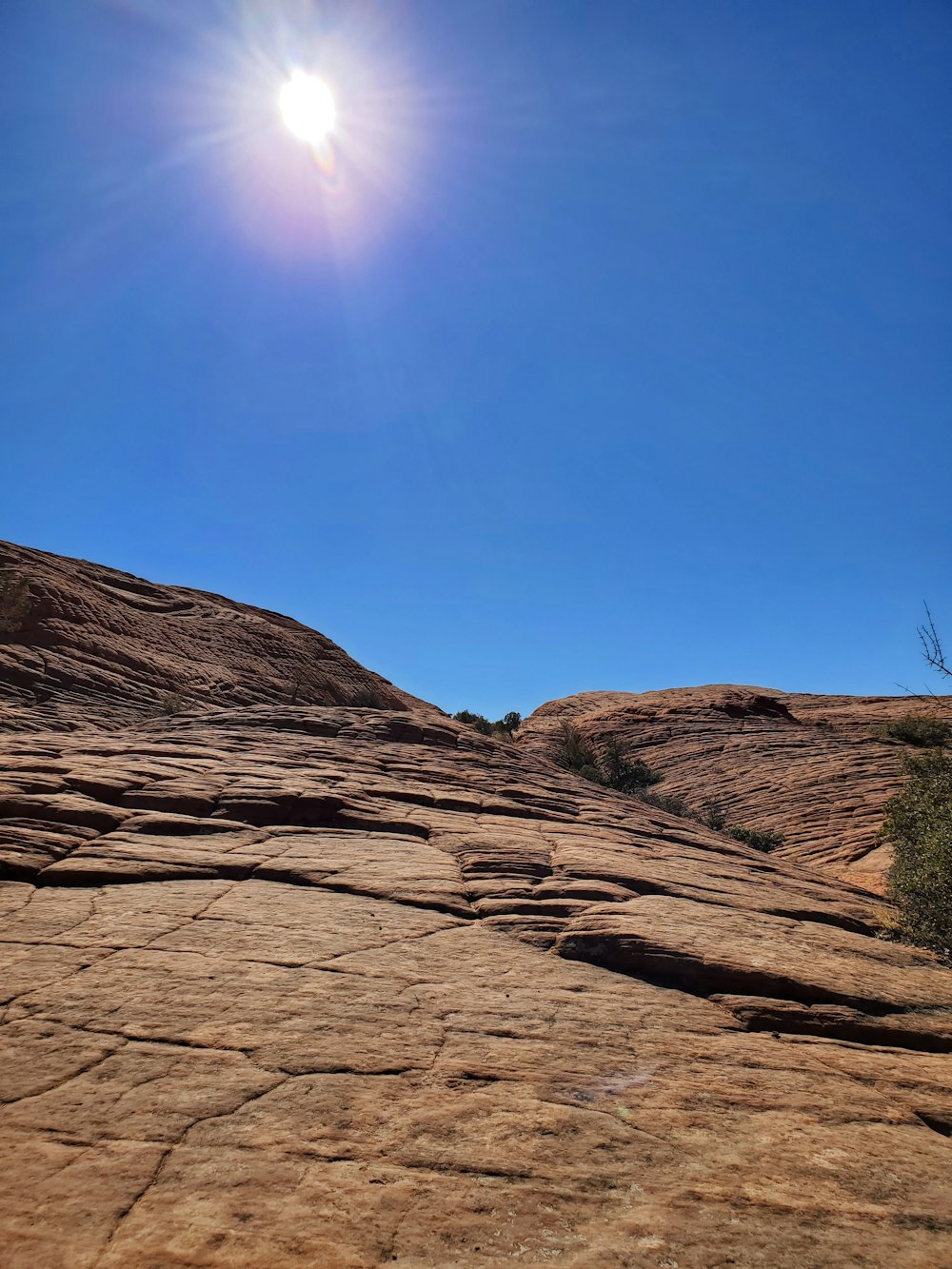 the sun shines brightly over the rocky terrain