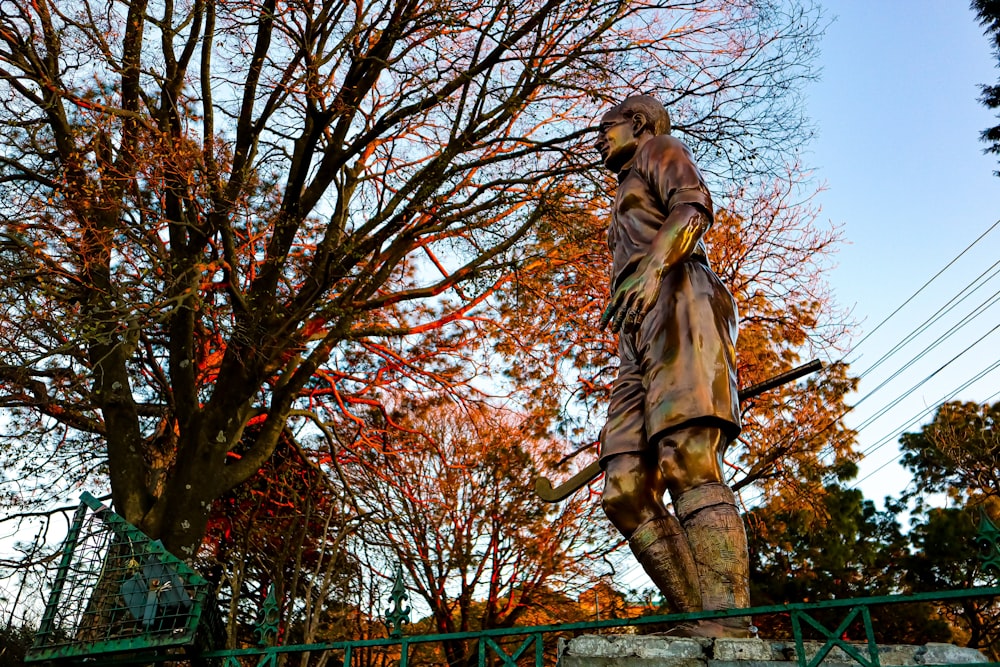 a statue of a man standing next to a tree