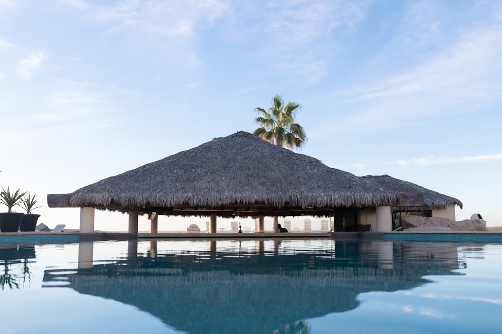 a thatched roof over a pool with a palm tree in the background