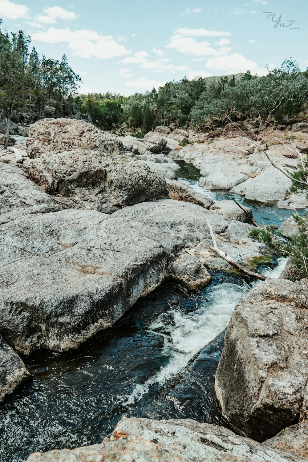 a river flowing between two large rocks