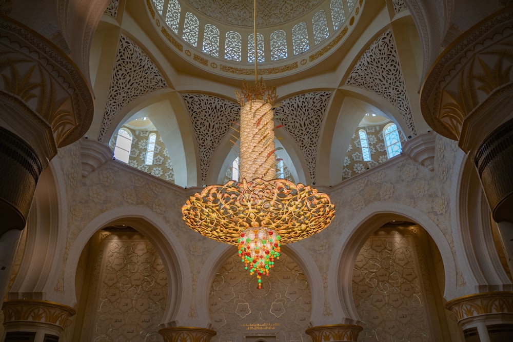 a chandelier hanging from the ceiling of a building