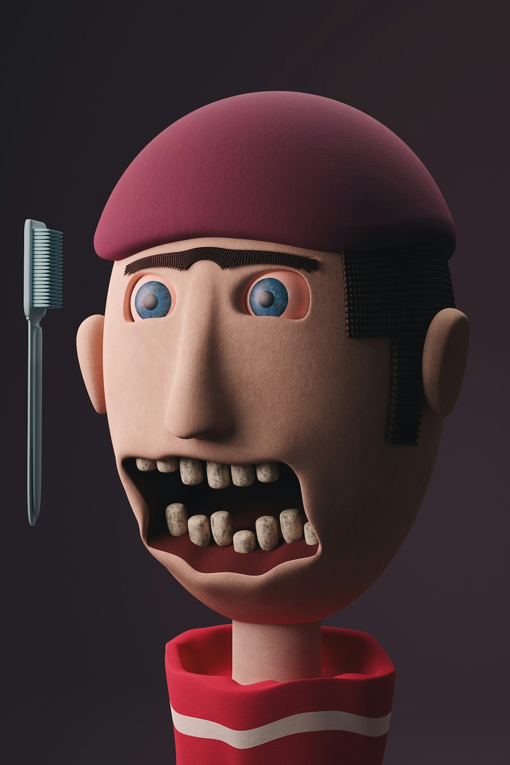 Un personnage de dessin animé avec une brosse à dents dans la bouche