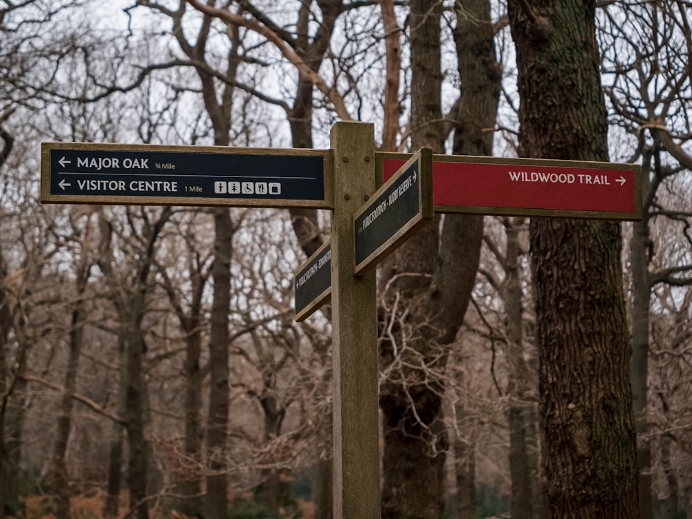 a street sign in a wooded area with trees in the background