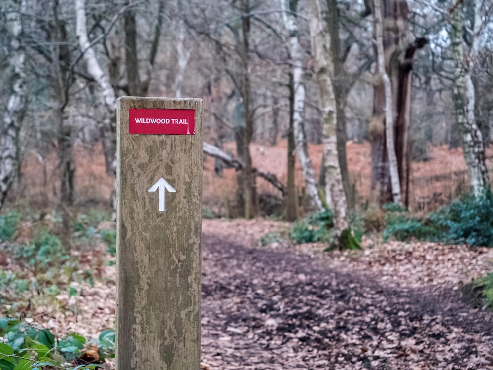 a trail in the woods with a sign pointing to the left
