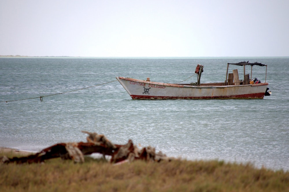 a small boat in the middle of a body of water