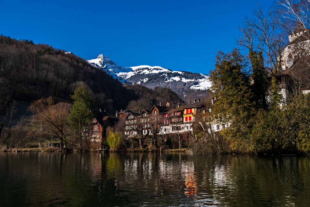 a lake surrounded by trees and buildings with a mountain in the background