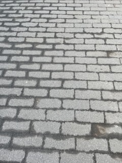 A newly paved driveway with neat brick patterns glistening after rain.