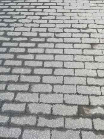A newly paved driveway with neat brick patterns glistening after rain.