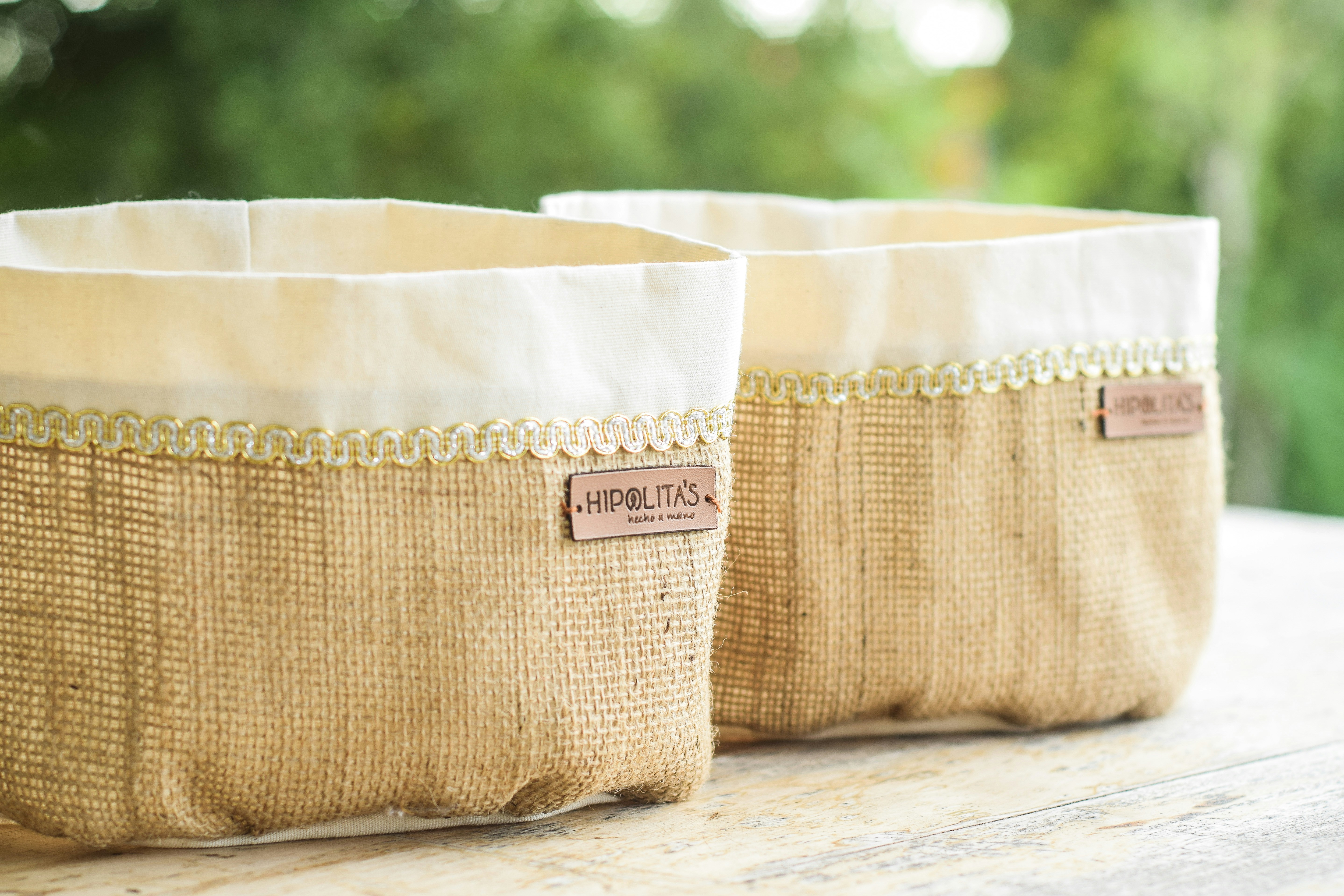 Organic grain baskets on wooden table