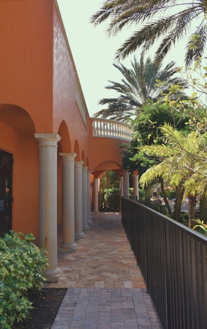 a walkway between two buildings with palm trees in the background