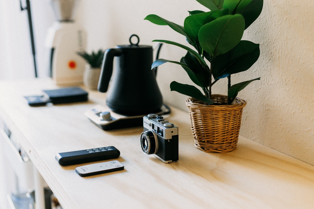 a camera, cell phone, and a potted plant on a table