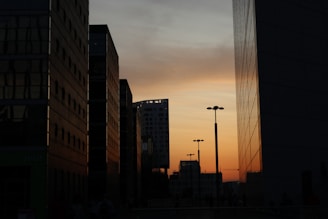 Evening city skyline with a Lumina model silhouetted, highlighting apparel’s urban edge.