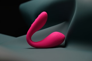 A bright pink, U-shaped object with textured surfaces resting on a smooth, dark, and abstract background. The object appears to be a carefully designed item with a colorful contrast against the more muted tones of its surroundings.