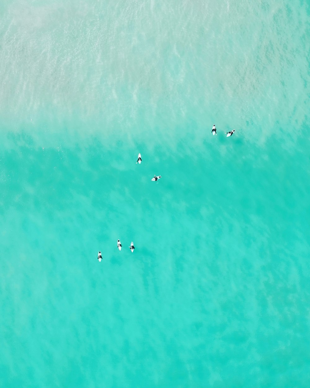 a group of people in the ocean on surfboards