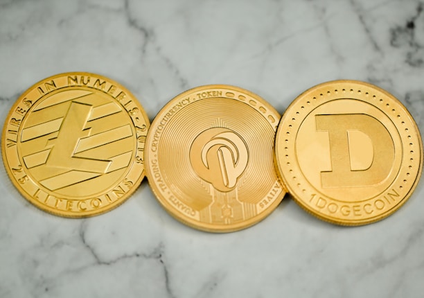 Three round, metallic coins with distinct engravings and symbols are placed side by side on a marble surface. The left coin has an 'L' logo and the word 'LITECOIN' inscribed around its edge. The middle coin features a more intricate design with circuit-like patterns. The right coin displays a large letter 'D' and the word 'DOGECOIN' around its perimeter.