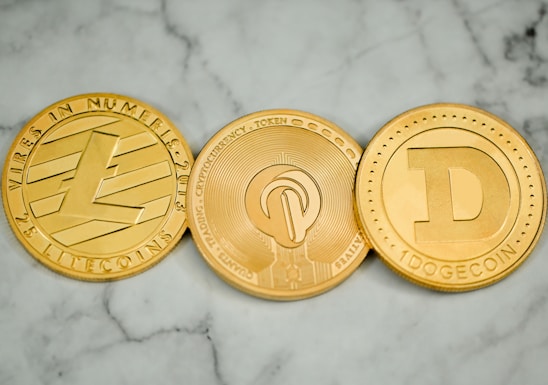 Three round, metallic coins with distinct engravings and symbols are placed side by side on a marble surface. The left coin has an 'L' logo and the word 'LITECOIN' inscribed around its edge. The middle coin features a more intricate design with circuit-like patterns. The right coin displays a large letter 'D' and the word 'DOGECOIN' around its perimeter.