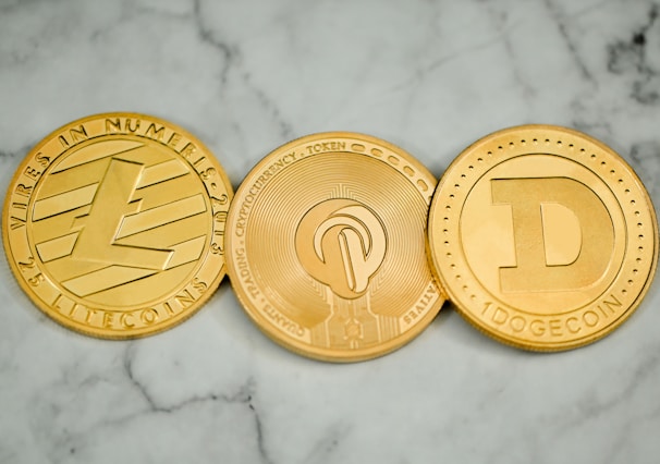 Three round, metallic coins with distinct engravings and symbols are placed side by side on a marble surface. The left coin has an 'L' logo and the word 'LITECOIN' inscribed around its edge. The middle coin features a more intricate design with circuit-like patterns. The right coin displays a large letter 'D' and the word 'DOGECOIN' around its perimeter.