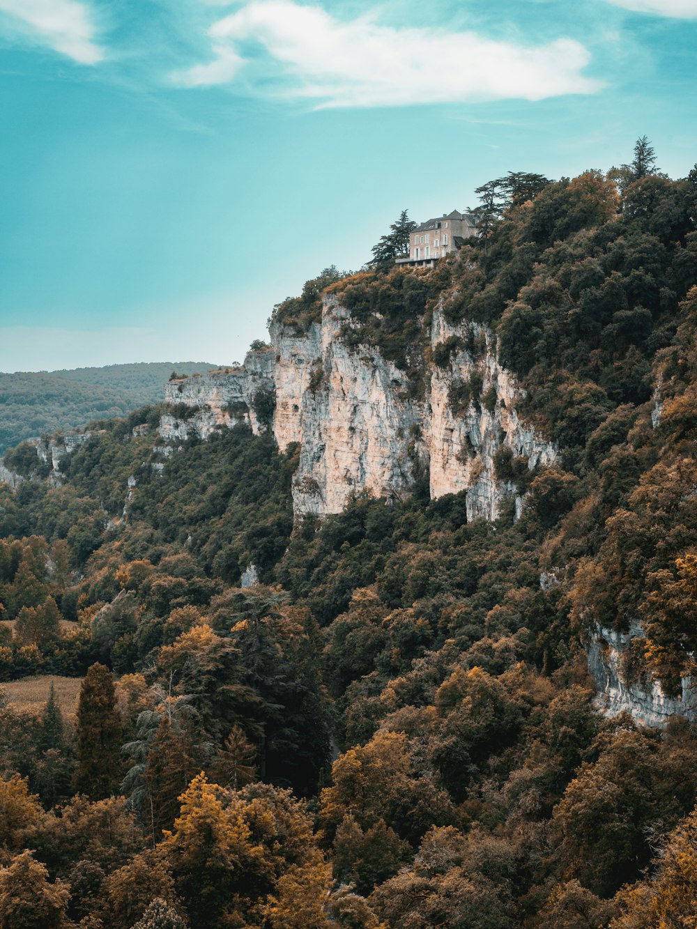 a scenic view of a mountain with trees on both sides