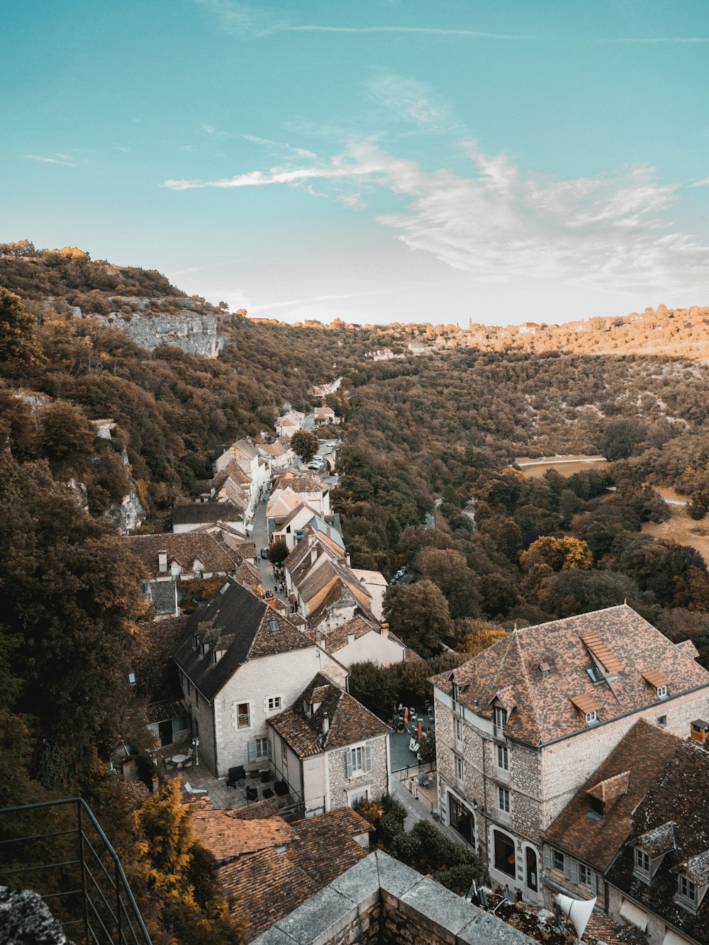 an aerial view of a village in the mountains