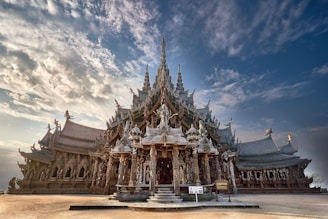 A beautifully crafted wooden temple with intricate details.