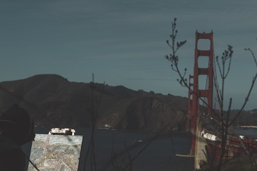 A person is painting a scene outdoors with the Golden Gate Bridge in the background. The bridge spans across a body of water with hills in the distance, and the scene is framed by some silhouetted branches.