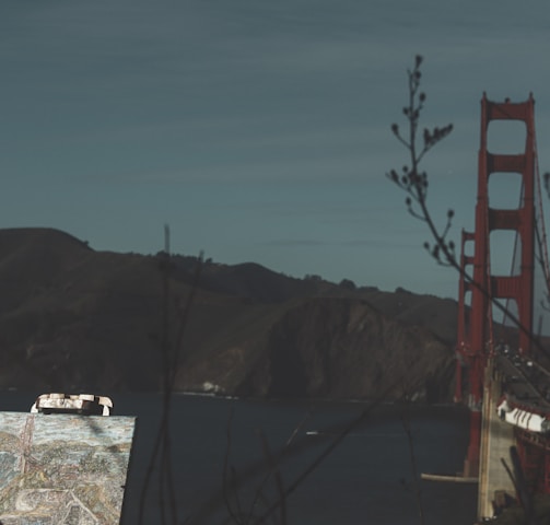 a person looking at a map in front of the golden gate bridge