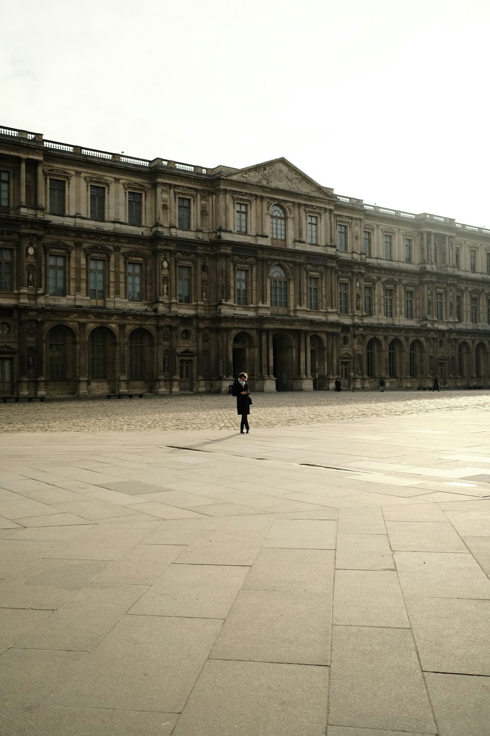 a person standing in front of a large building