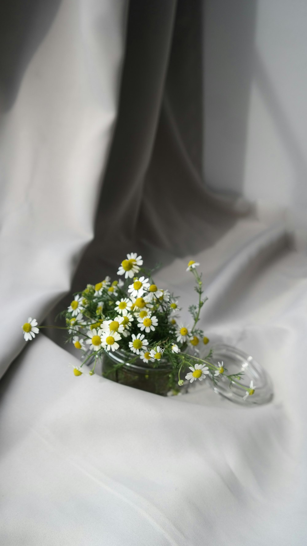 a glass vase filled with daisies on a white cloth