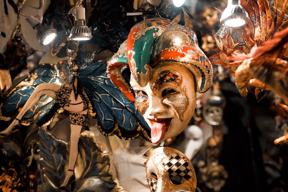 a close up of a mask on display in a store