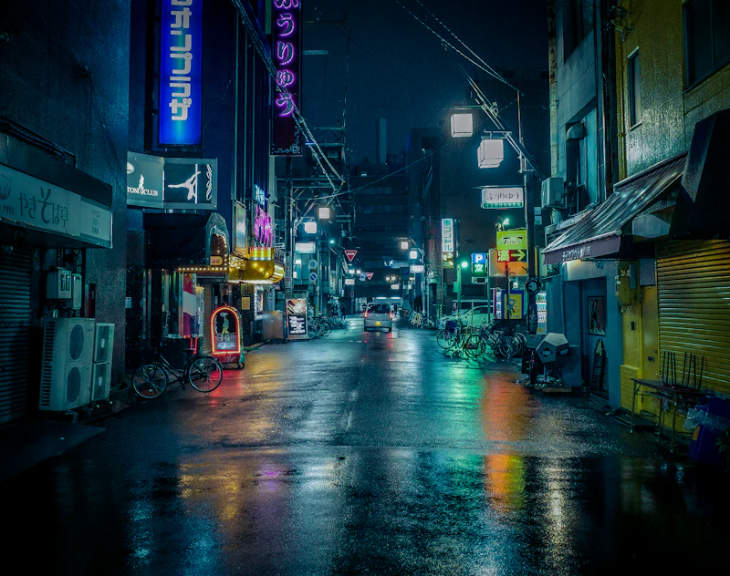 雨の夜の街並み